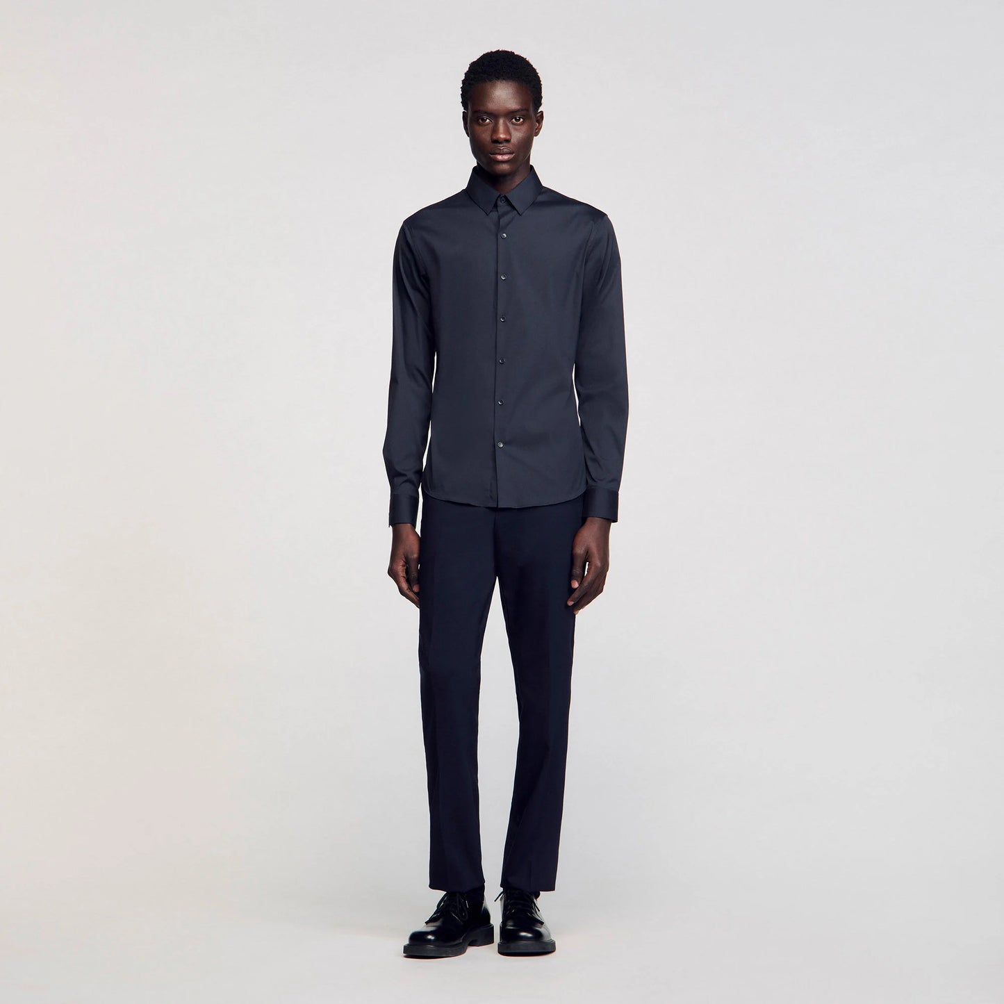 Fitted Stretch Cotton Shirt Navy Blue