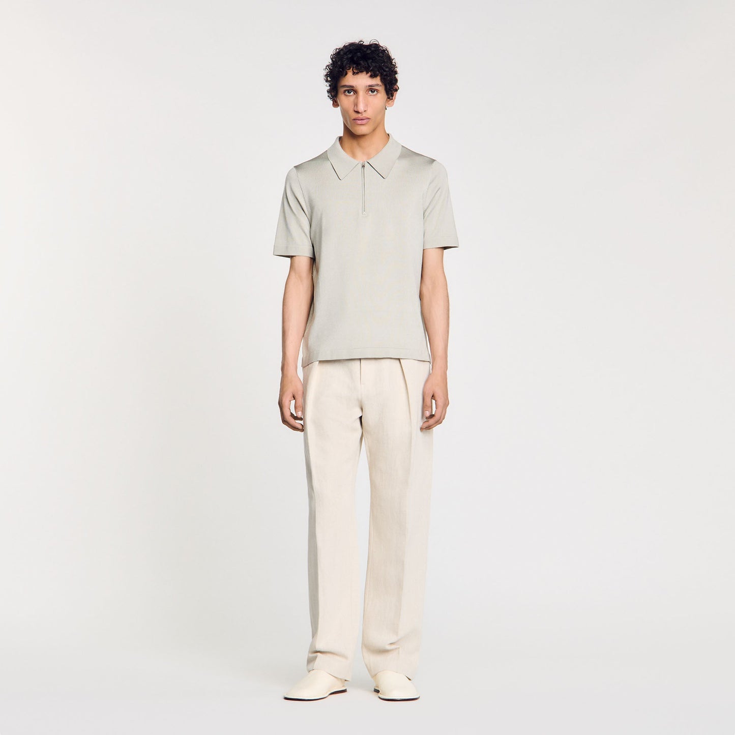 Knitted Polo Shirt With Zip Collar Steel