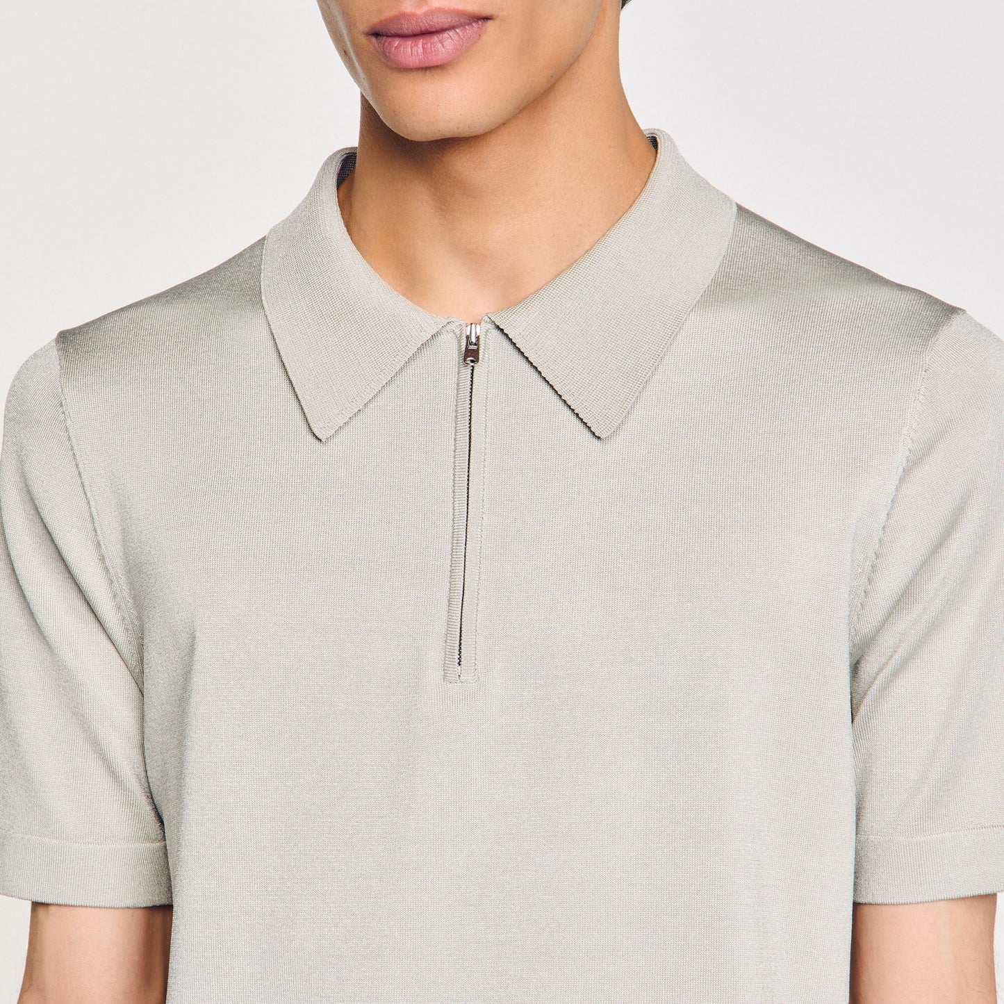 Knitted Polo Shirt With Zip Collar Steel