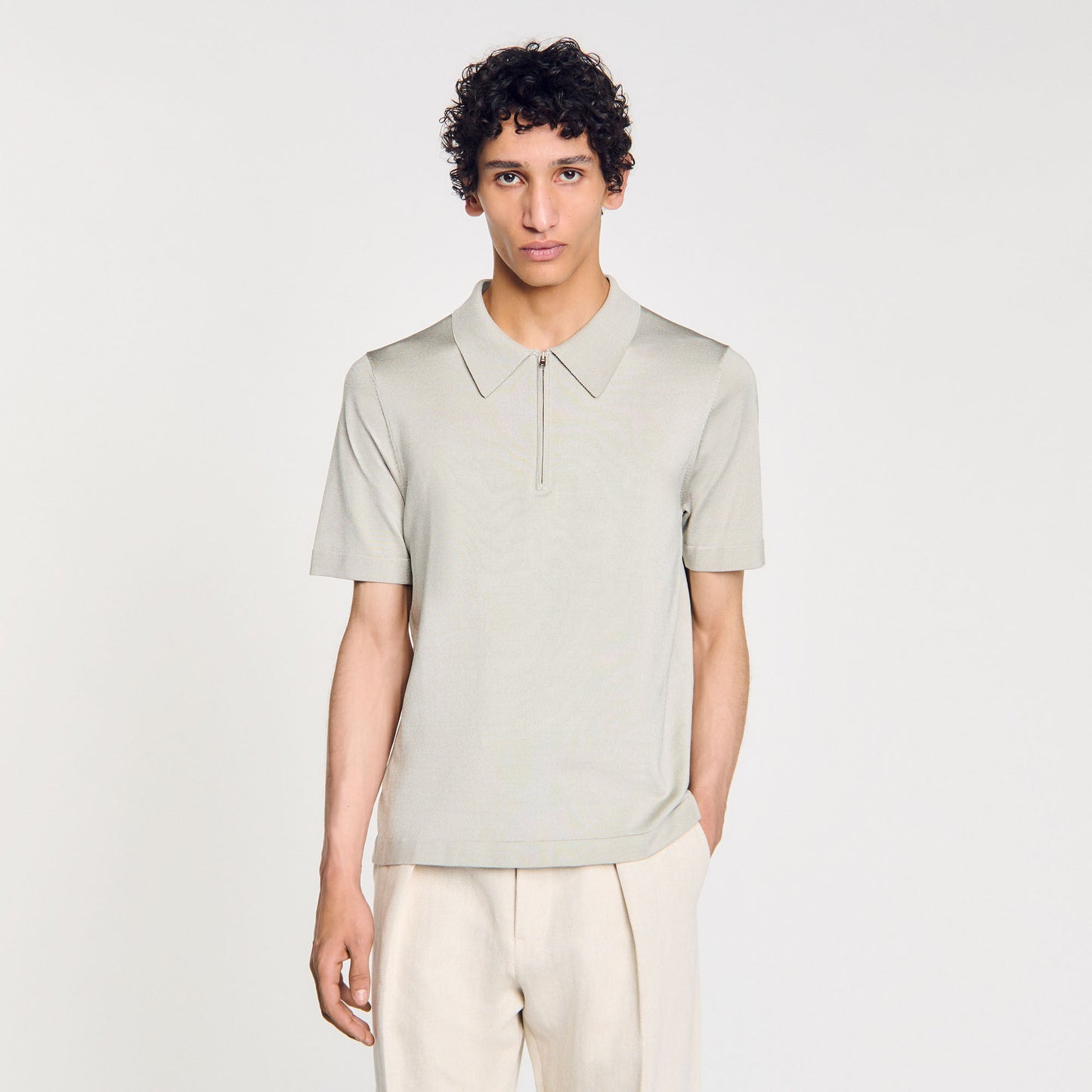 Knitted Polo Shirt With Zip Collar Steel