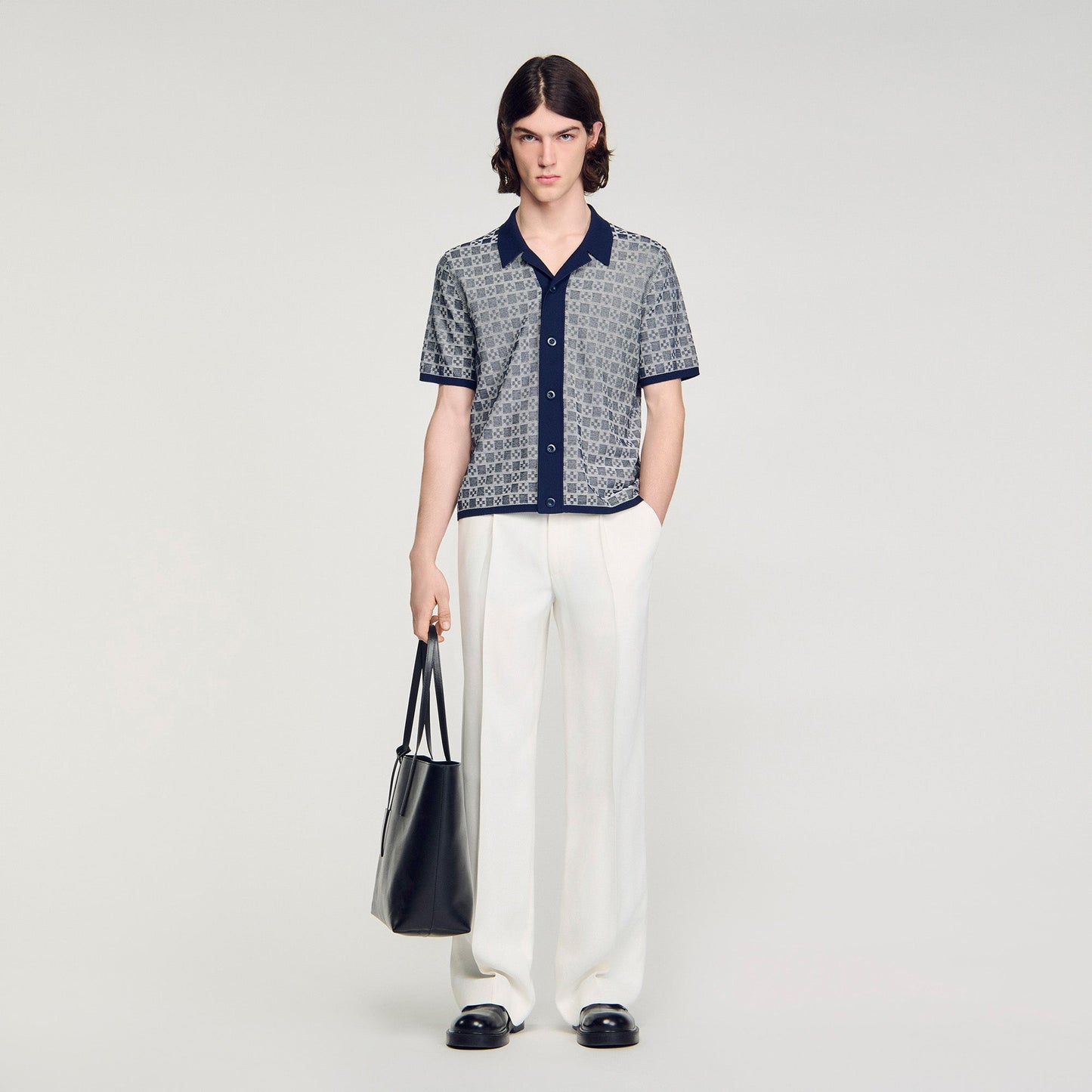 Cross Knit Shirt Square Cross Jacquard Shirt Navy Blue