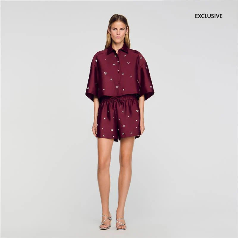 Onyx Rhinestone Wide-Leg Shorts Bordeaux