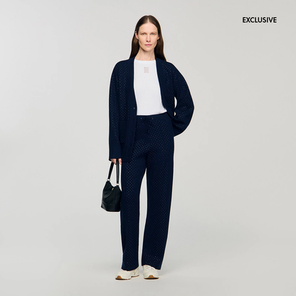 Vadim Knit Rhinestone-Covered Trousers Navy Blue