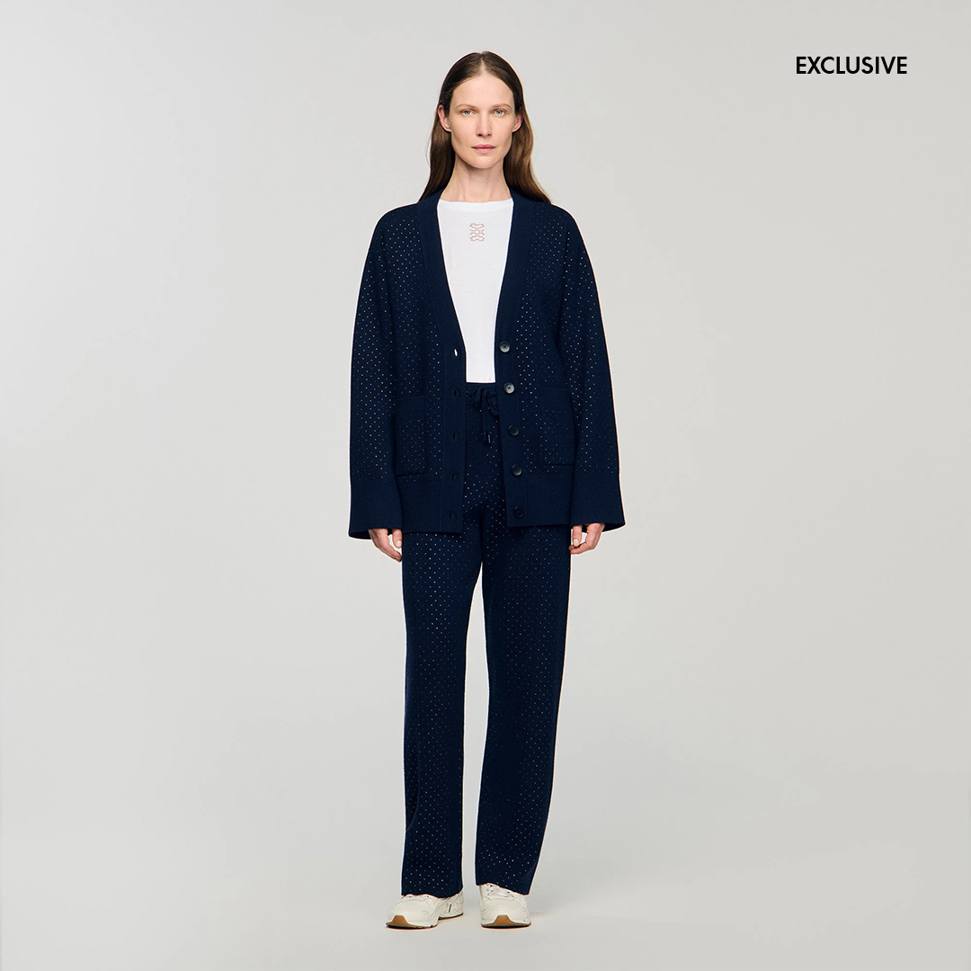 Vaddy Long Rhinestone Cardigan Navy Blue