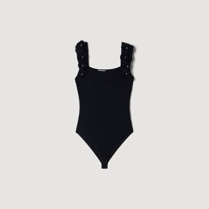 Venise Knit bodysuit with beaded flowers Black