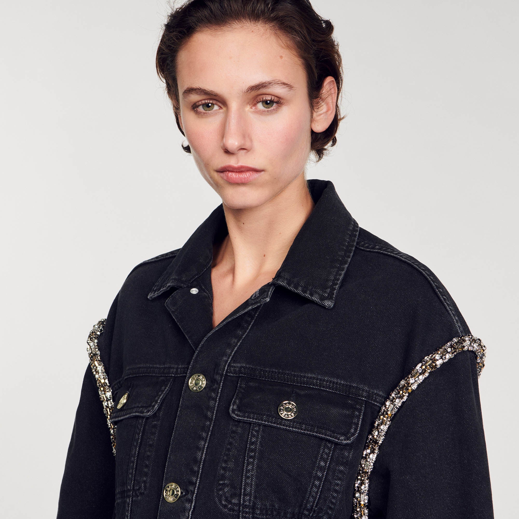 Oversized Denim Jacket With Rhinestones Black