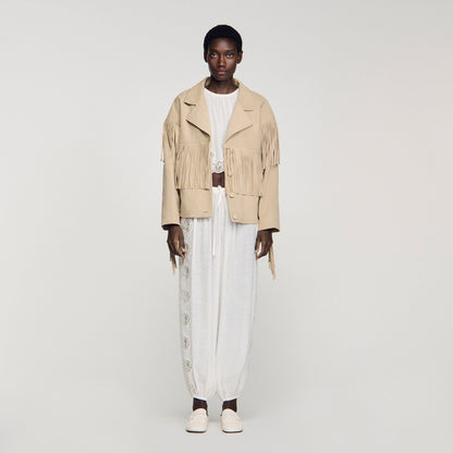 Jackie Fringed Suede Jacket Beige