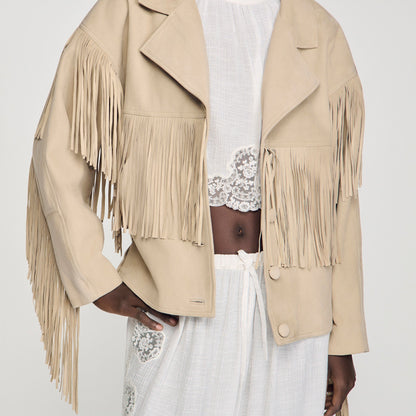 Jackie Fringed Suede Jacket Beige