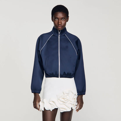 Lizy Embroidered Cropped Satin Jacket Navy / Black