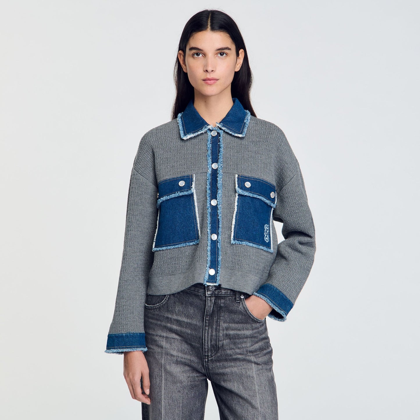 Denim And Knitwear Coatigan Grey