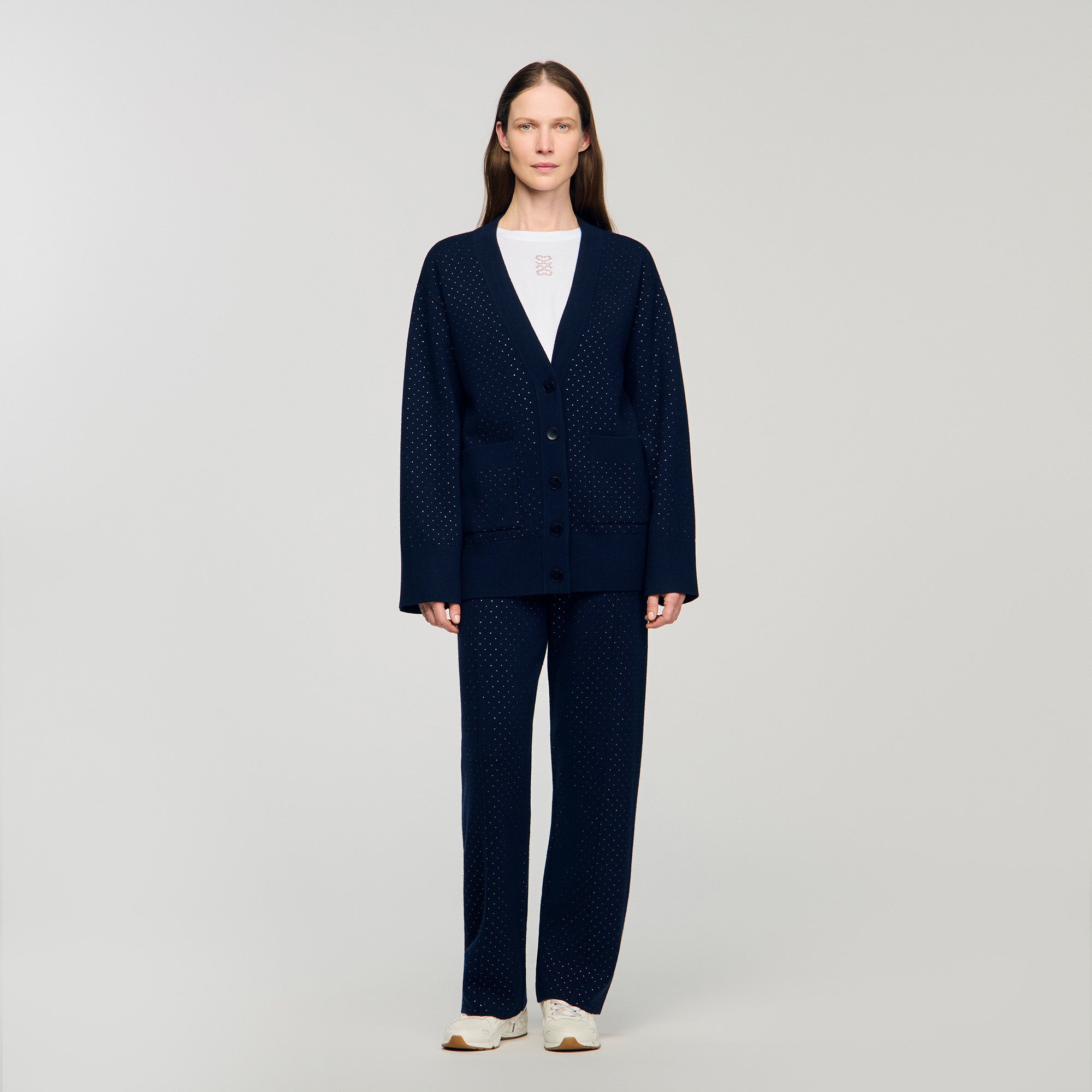 Vaddy Long Rhinestone Cardigan Navy Blue