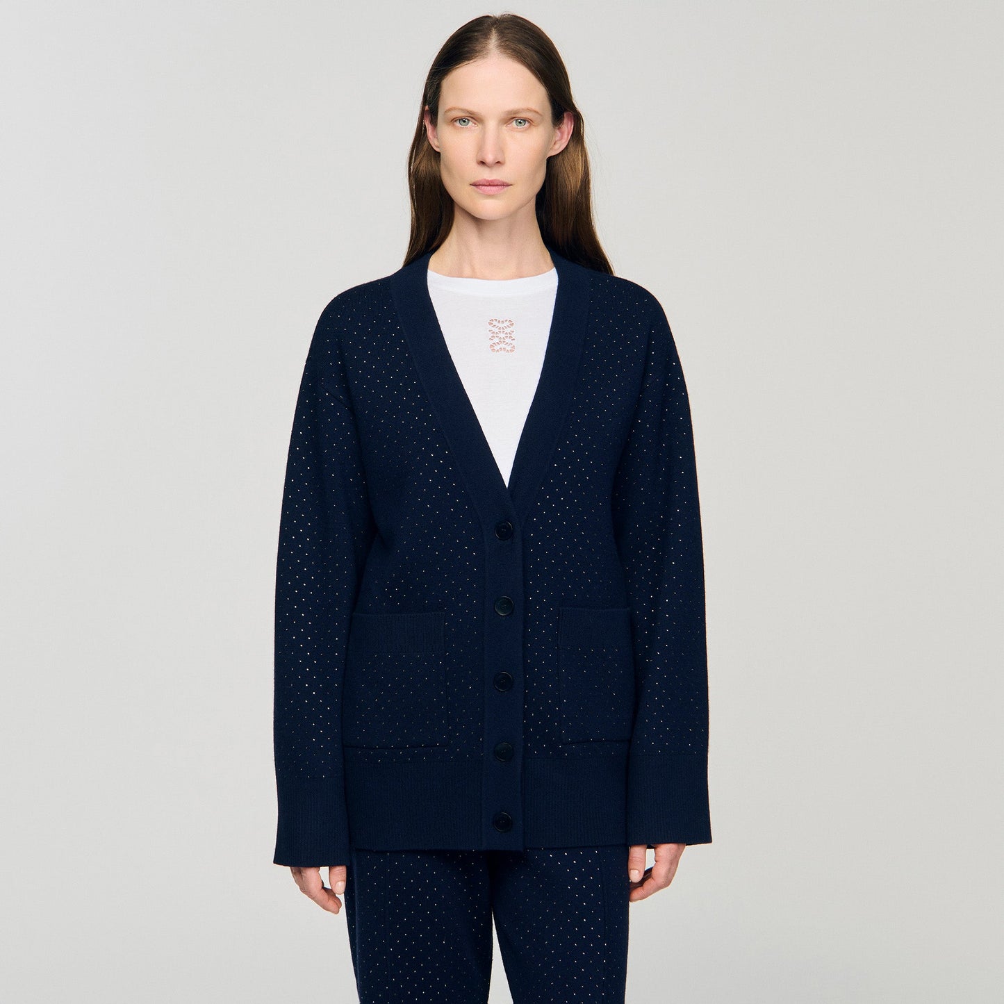 Vaddy Long Rhinestone Cardigan Navy Blue