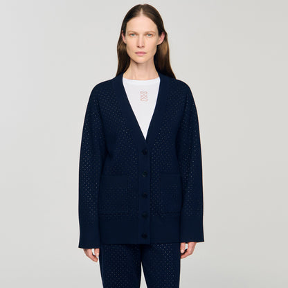 Vaddy Long Rhinestone Cardigan Navy Blue