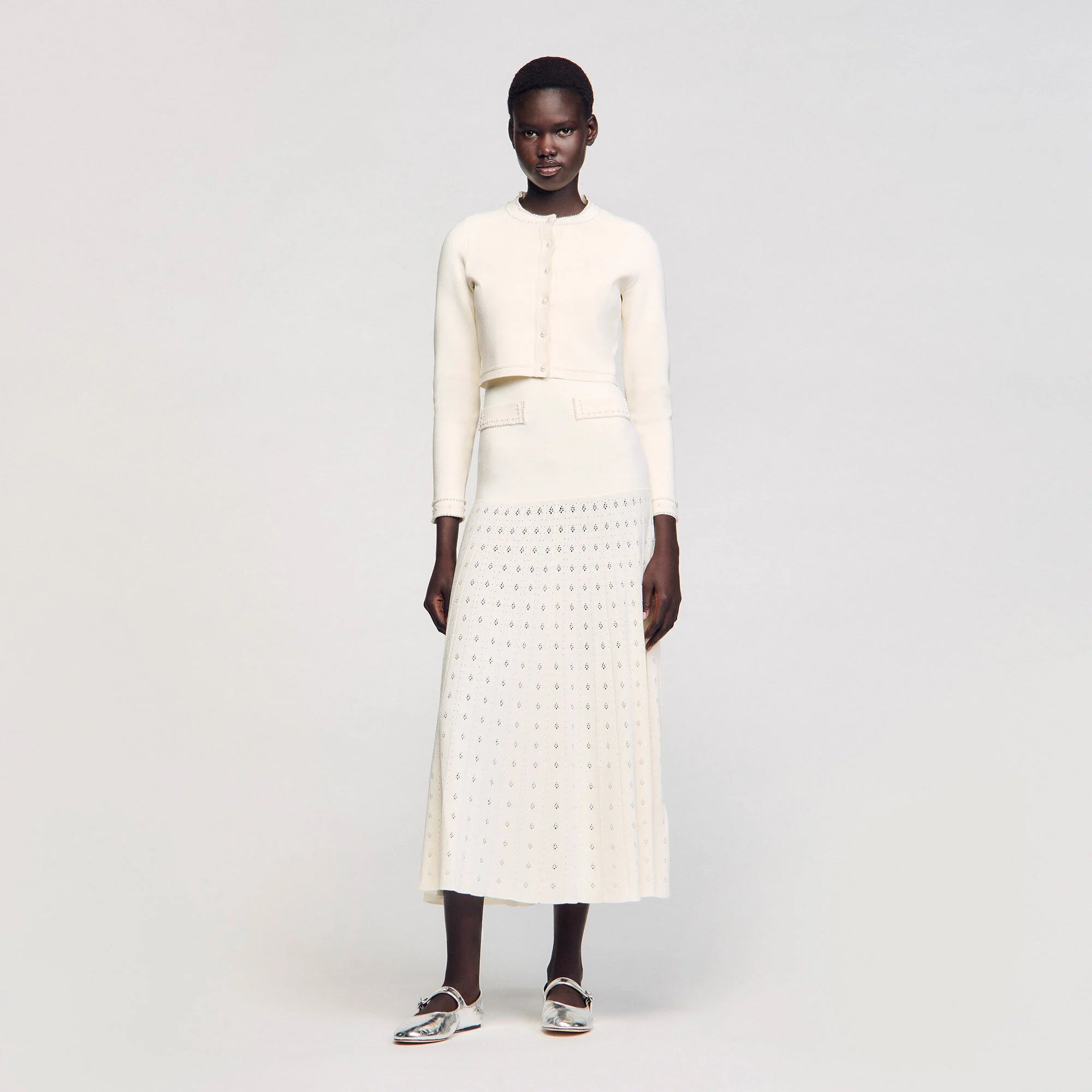 Blondeau Cropped Cardigan With Peal Buttons Ecru