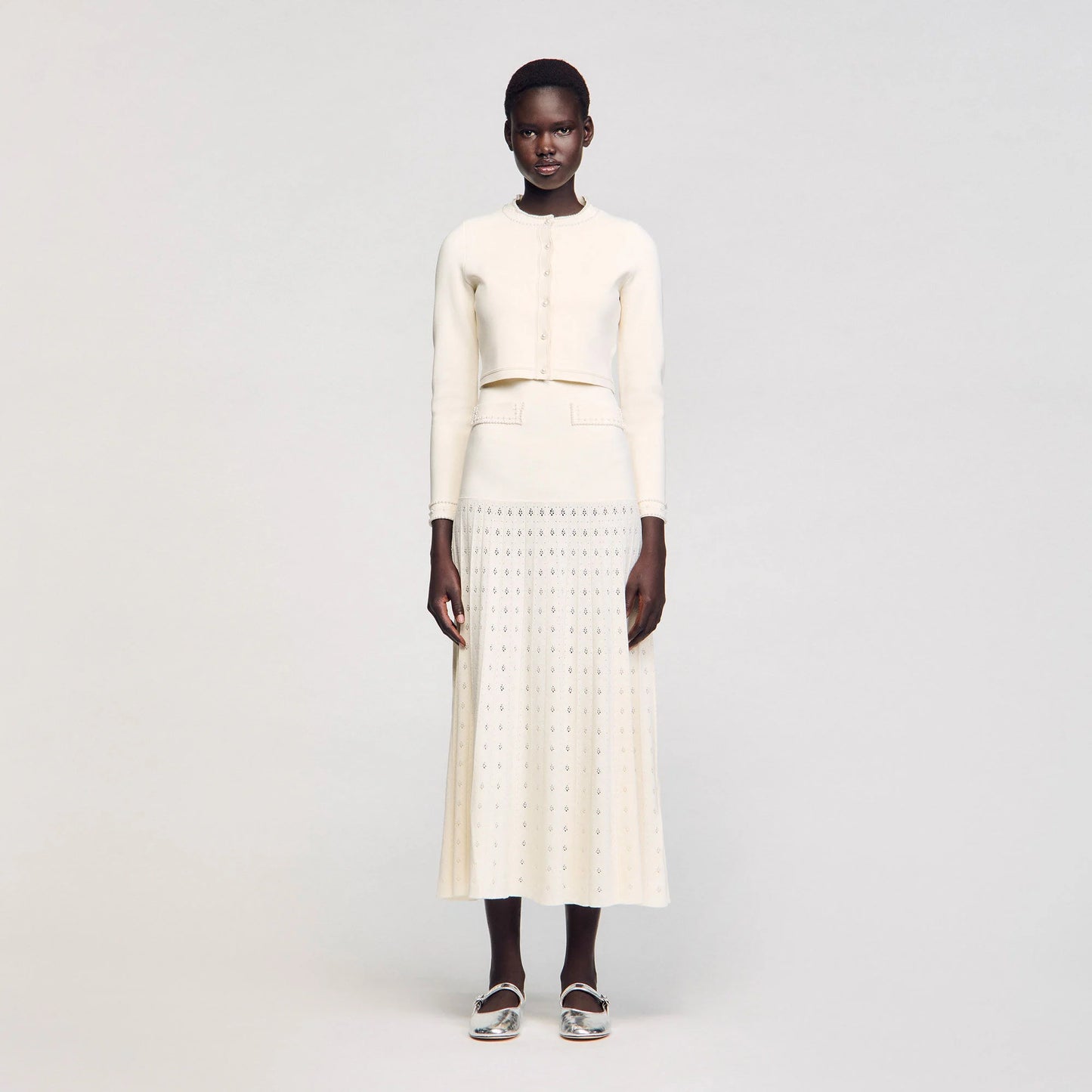 Blondeau Cropped Cardigan With Peal Buttons Ecru