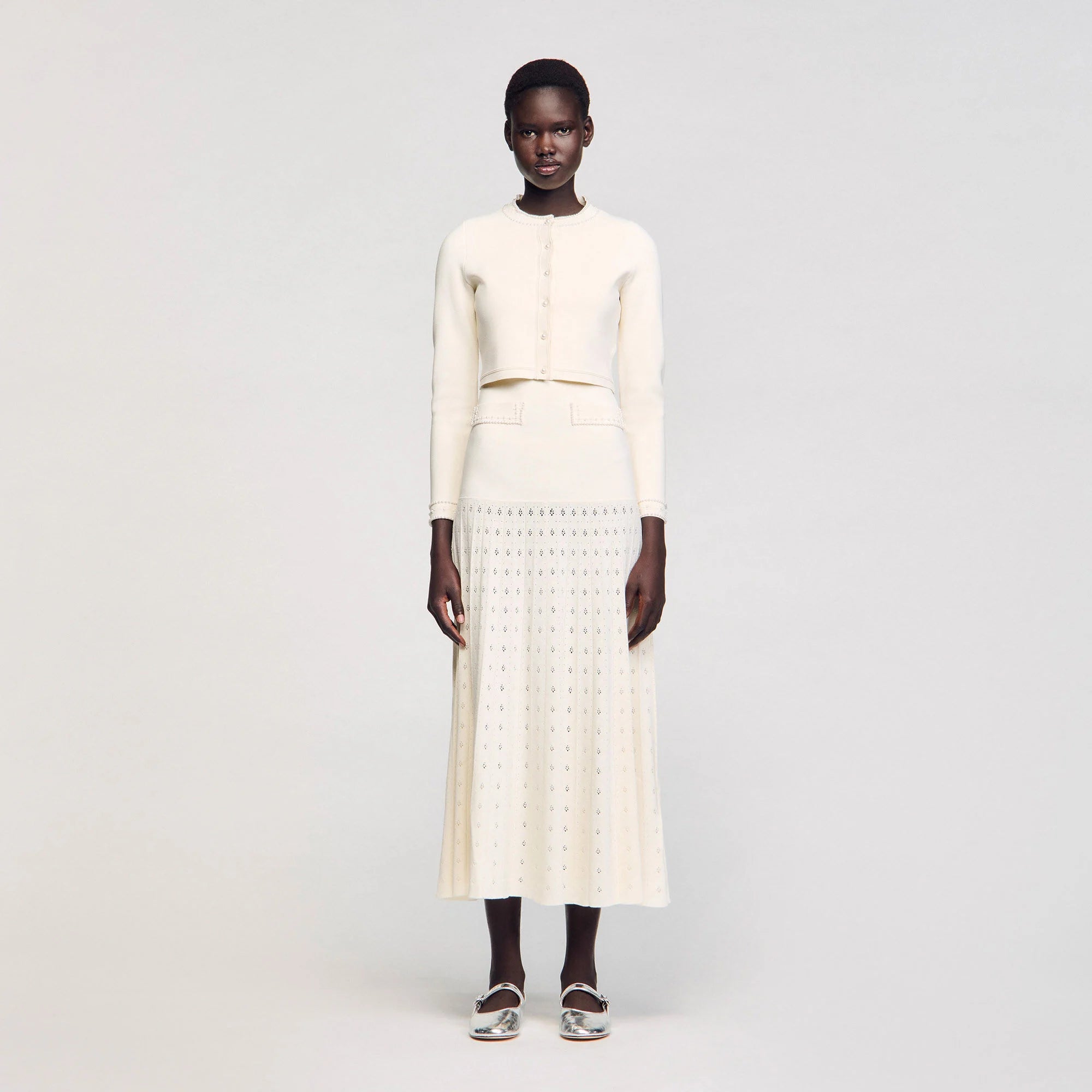 Blondeau Cropped Cardigan With Peal Buttons Ecru