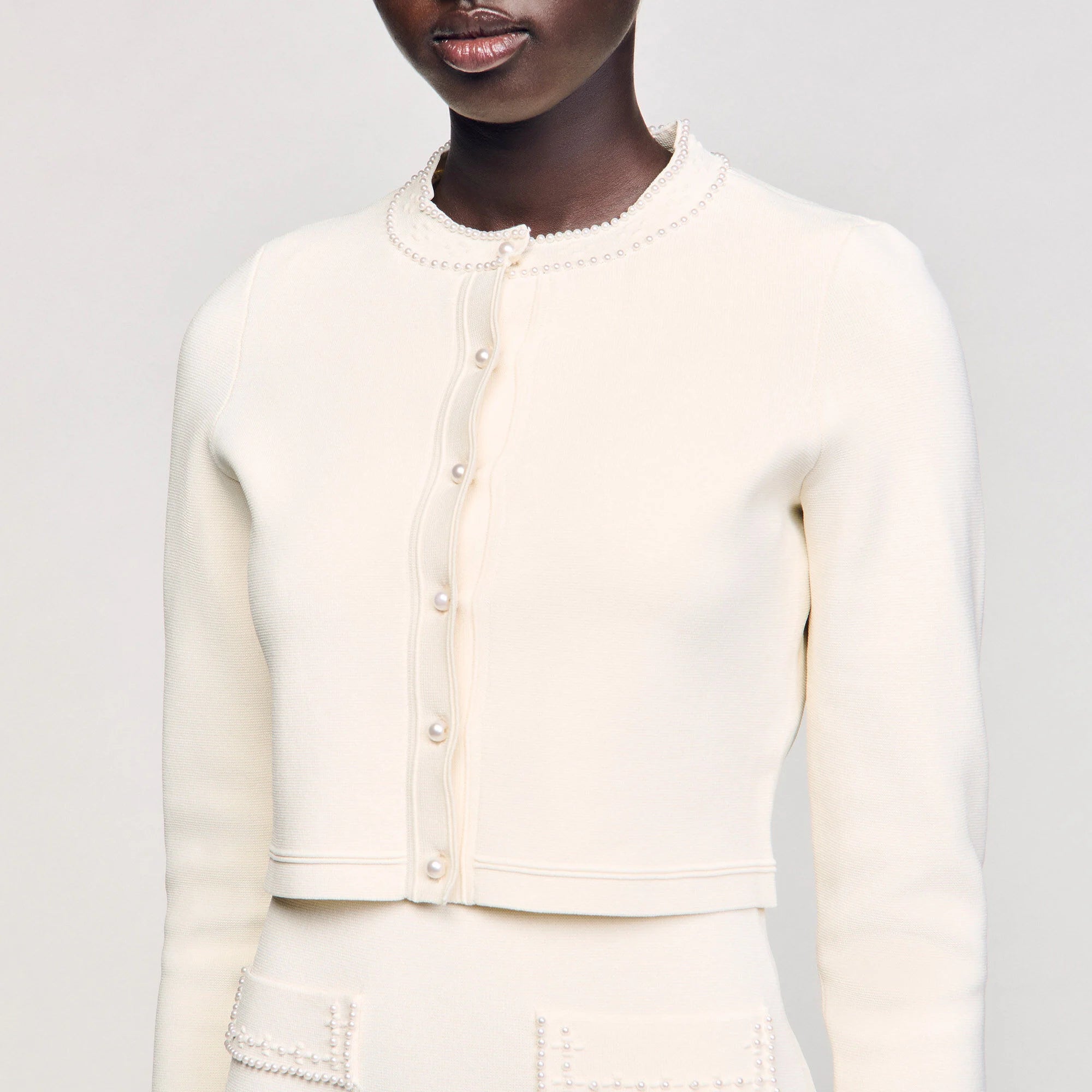 Blondeau Cropped Cardigan With Peal Buttons Ecru