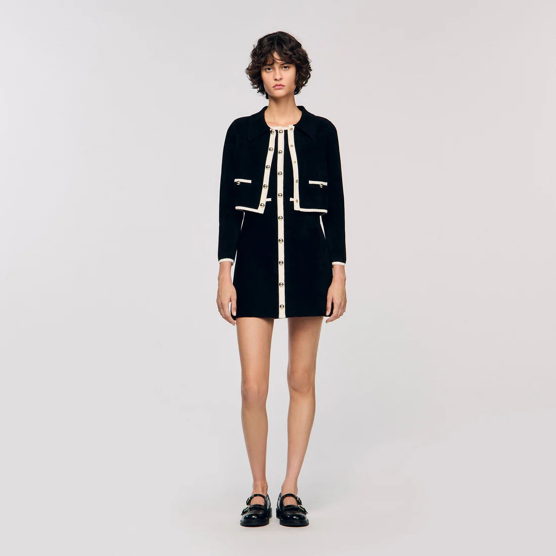 Fiorena Two-Tone Shirt Collar Cardigan Black