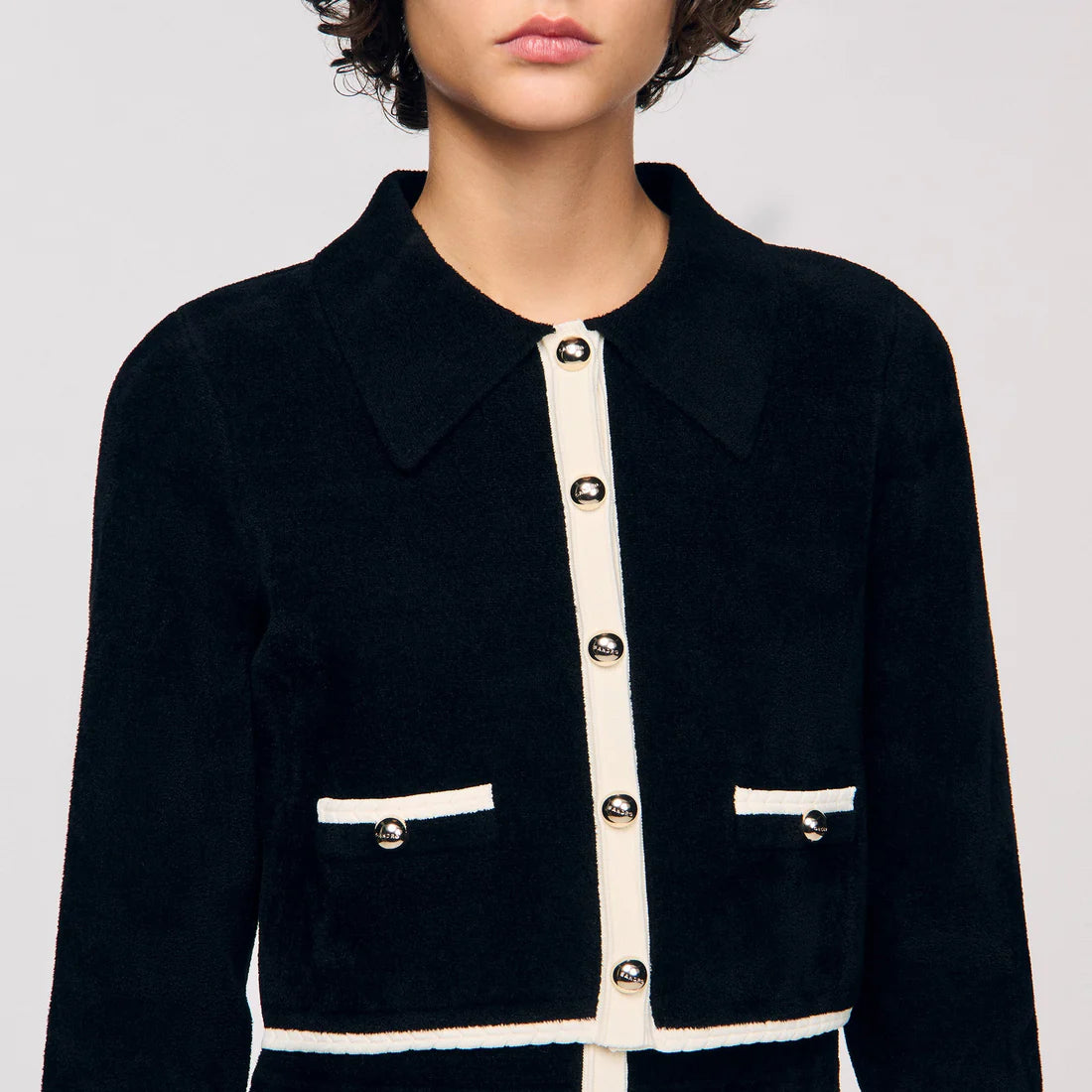 Fiorena Two-Tone Shirt Collar Cardigan Black