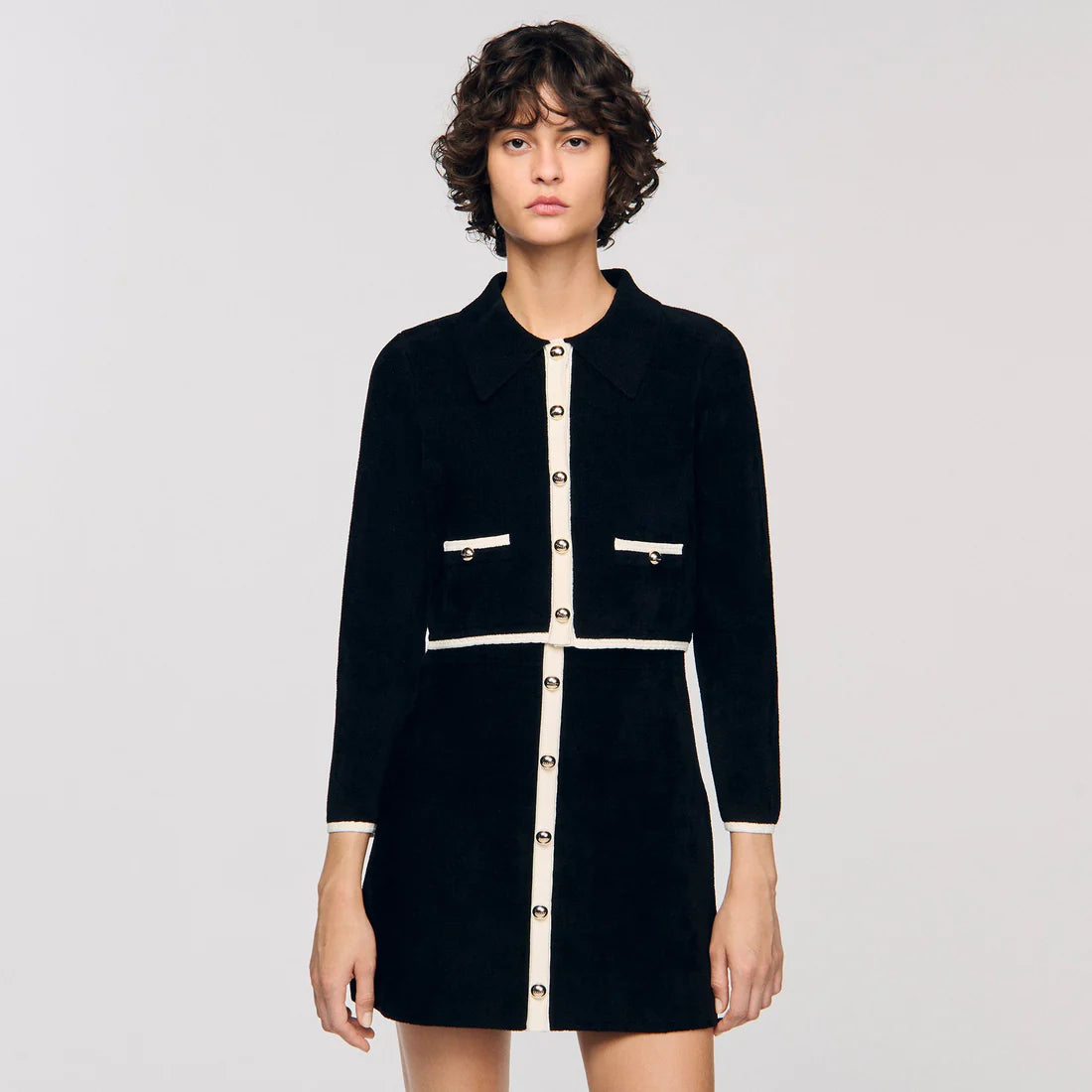 Fiorena Two-Tone Shirt Collar Cardigan Black