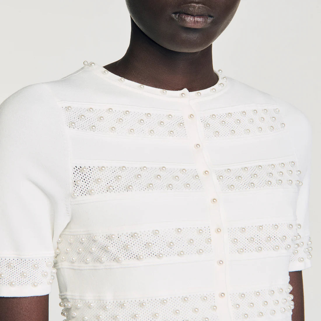 Milau Cropped Beaded Cardigan Ecru