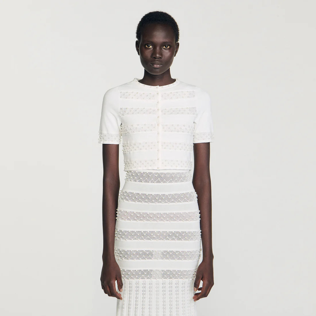 Milau Cropped Beaded Cardigan Ecru