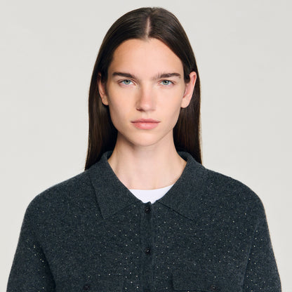 Vava Long Rhinestone Cardigan Charcoal Grey