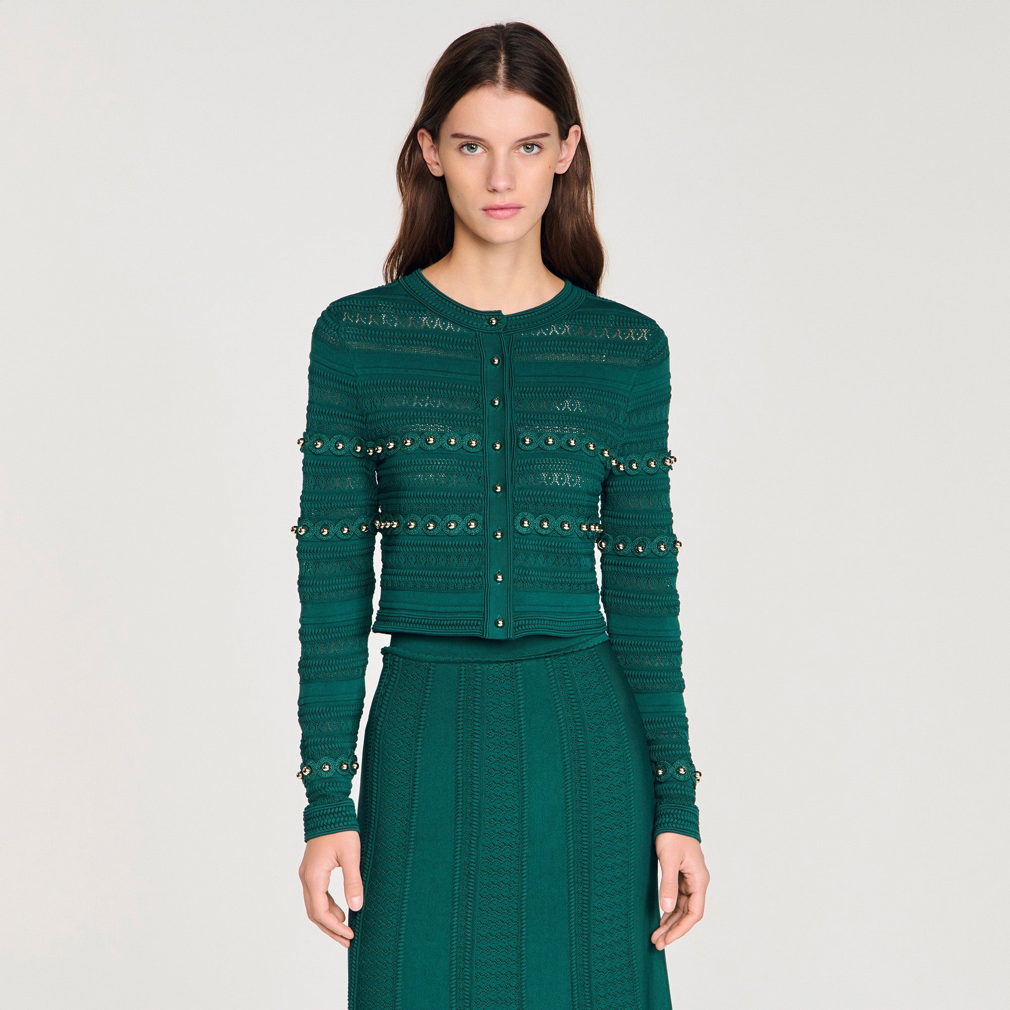 Sandro - ❤️Sandro2021新作　新品　グリーントップス　カーディガン綺麗上品 Laneo Pearl Textured Knit Cardigan Dark Green