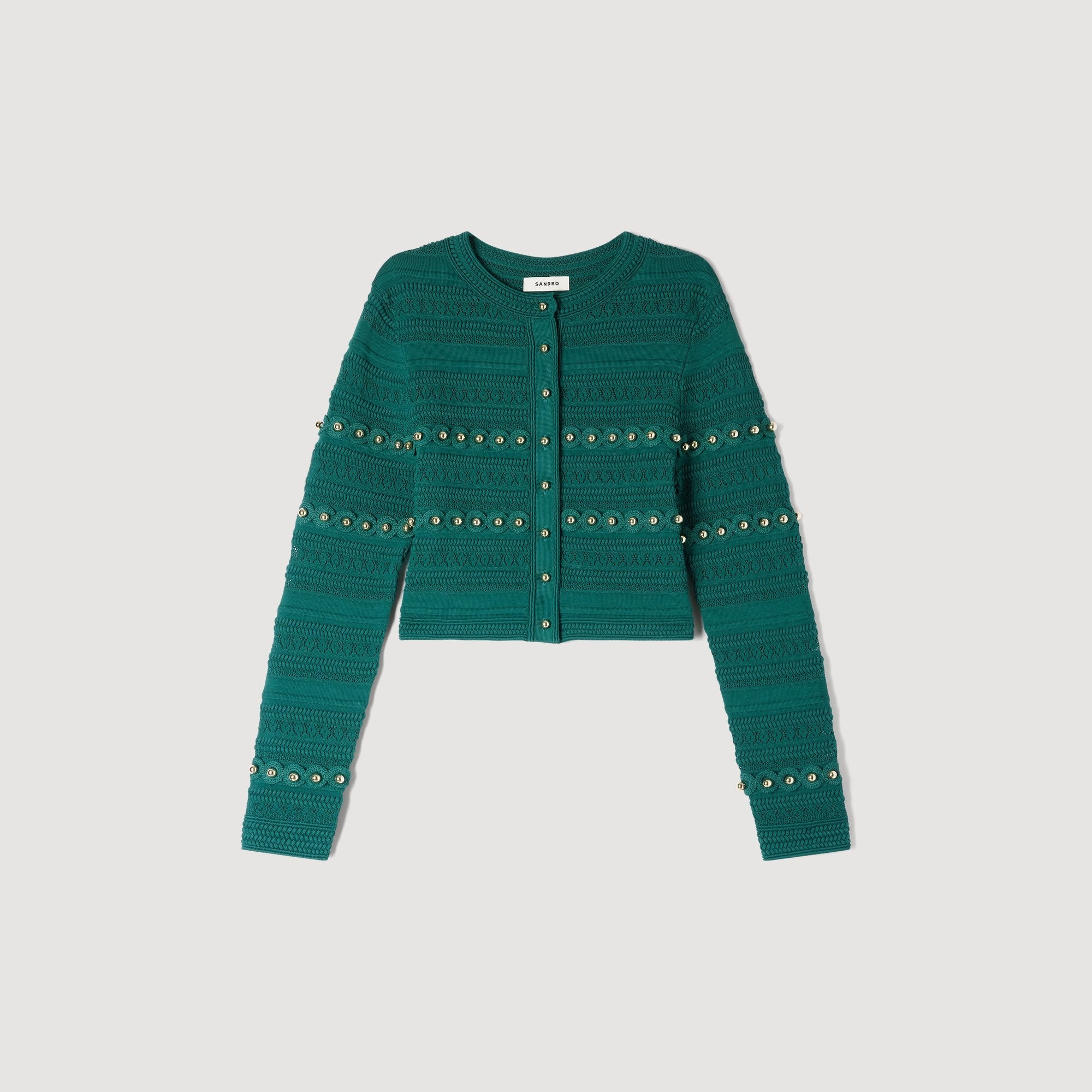 Sandro - ❤️Sandro2021新作　新品　グリーントップス　カーディガン綺麗上品 Laneo Pearl Textured Knit Cardigan Dark Green