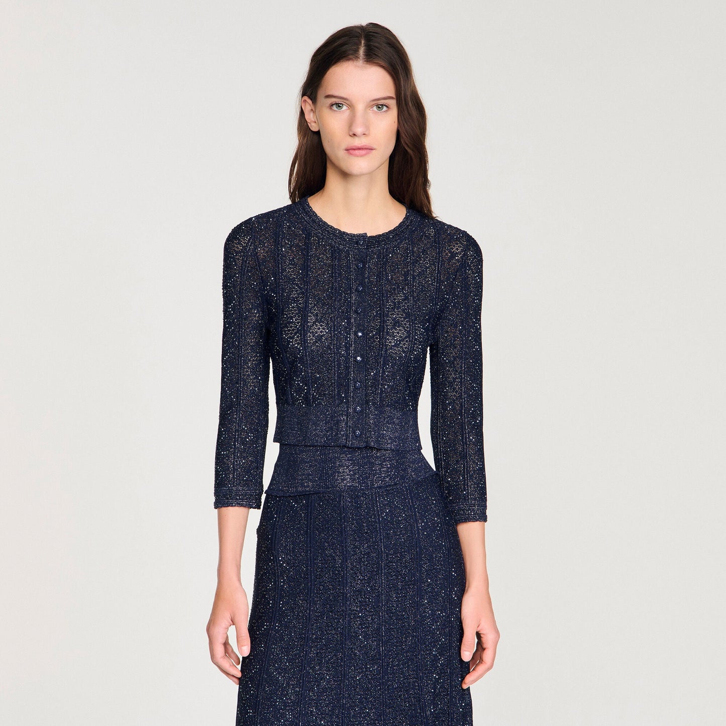 Lisane Strass Knit Cropped Cardigan Navy Blue