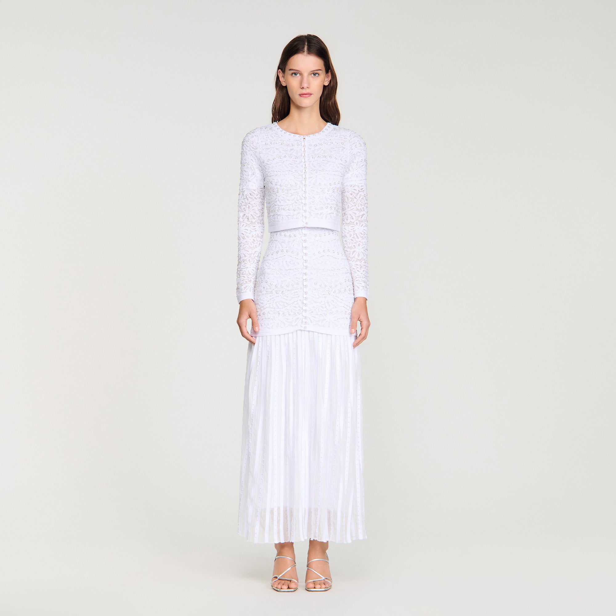 Leva Cropped Pearled Cardigan White