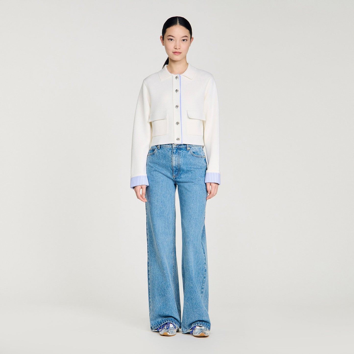 Bruxelles Polo Cardigan With Poplin Details Ecru