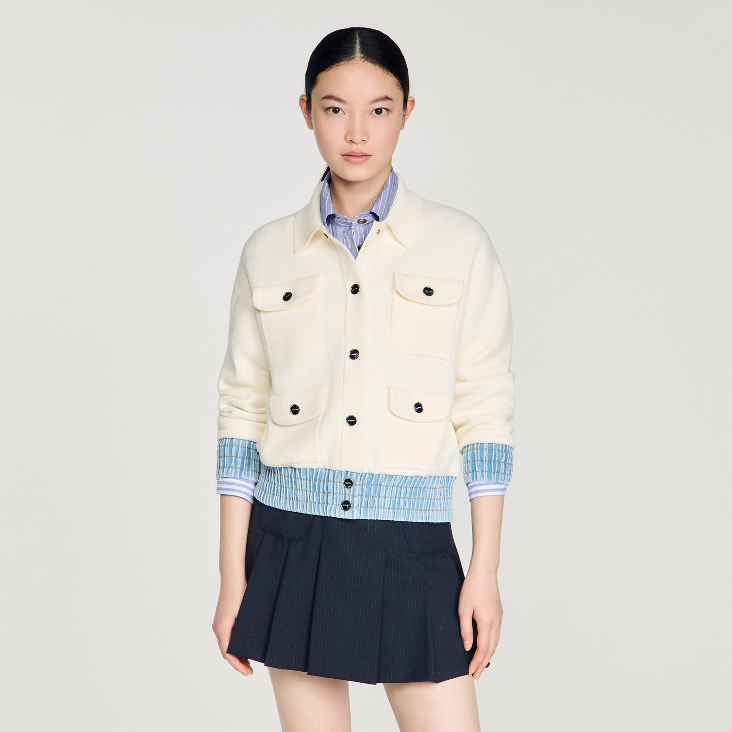 Madeen Cardigan With Denim Details Ecru