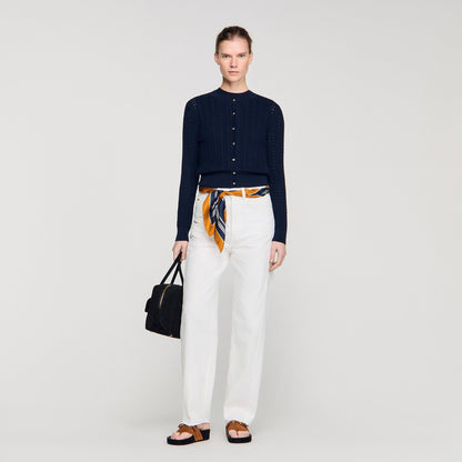 Flavio Cropped Textured Knit Cardigan Navy Blue