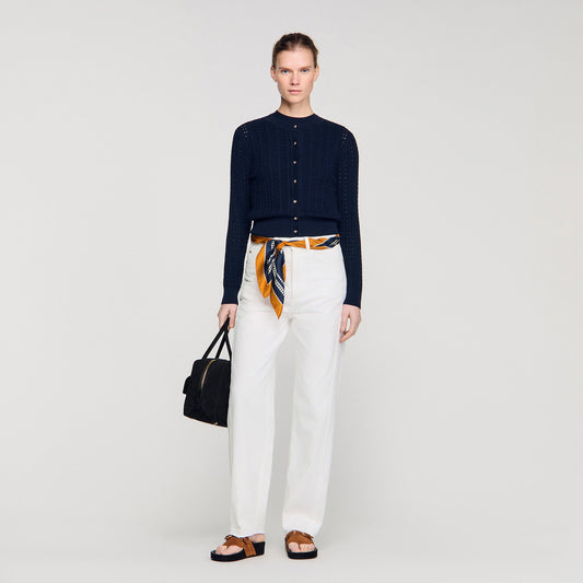 Flavio Cropped Textured Knit Cardigan Navy Blue
