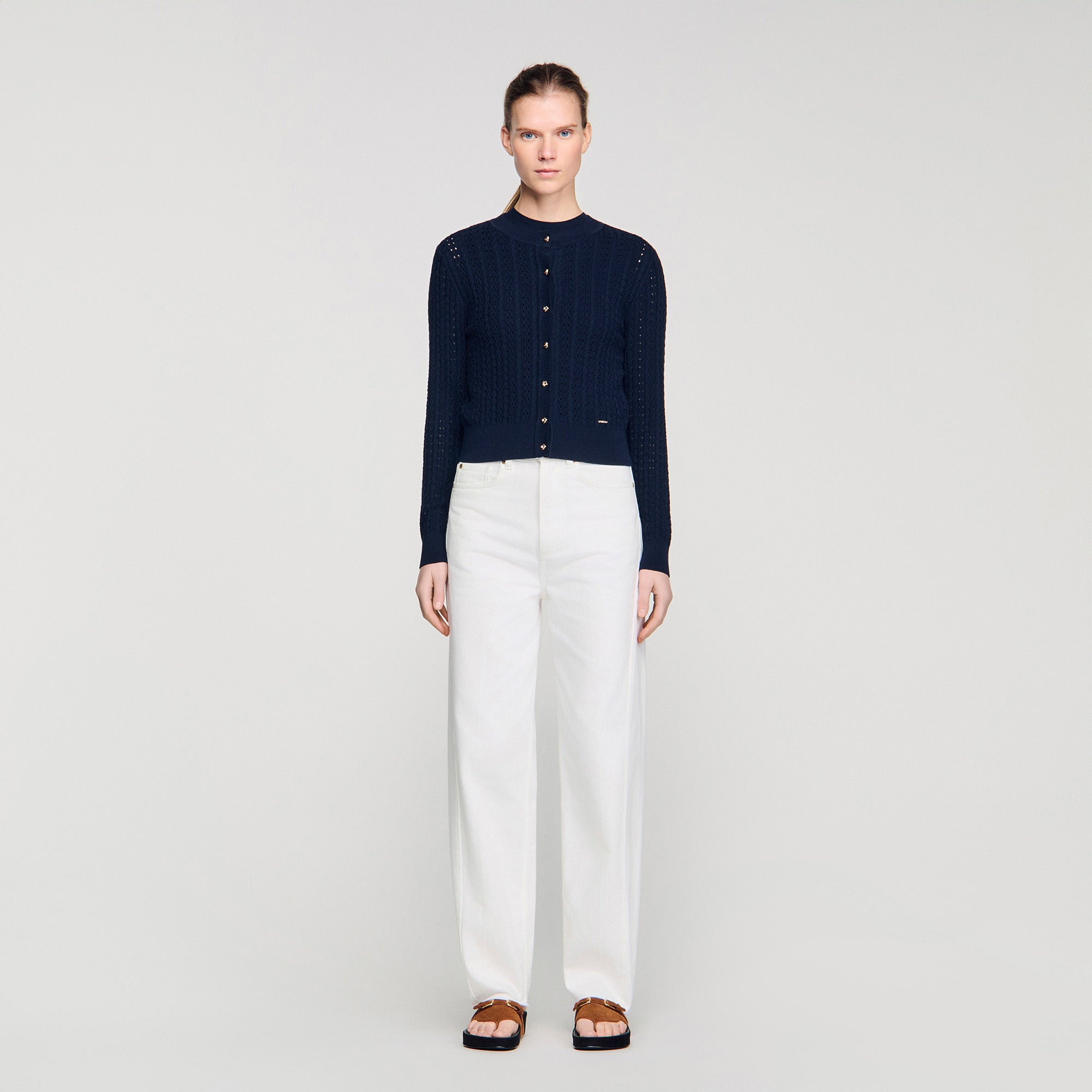 Flavio Cropped Textured Knit Cardigan Navy Blue