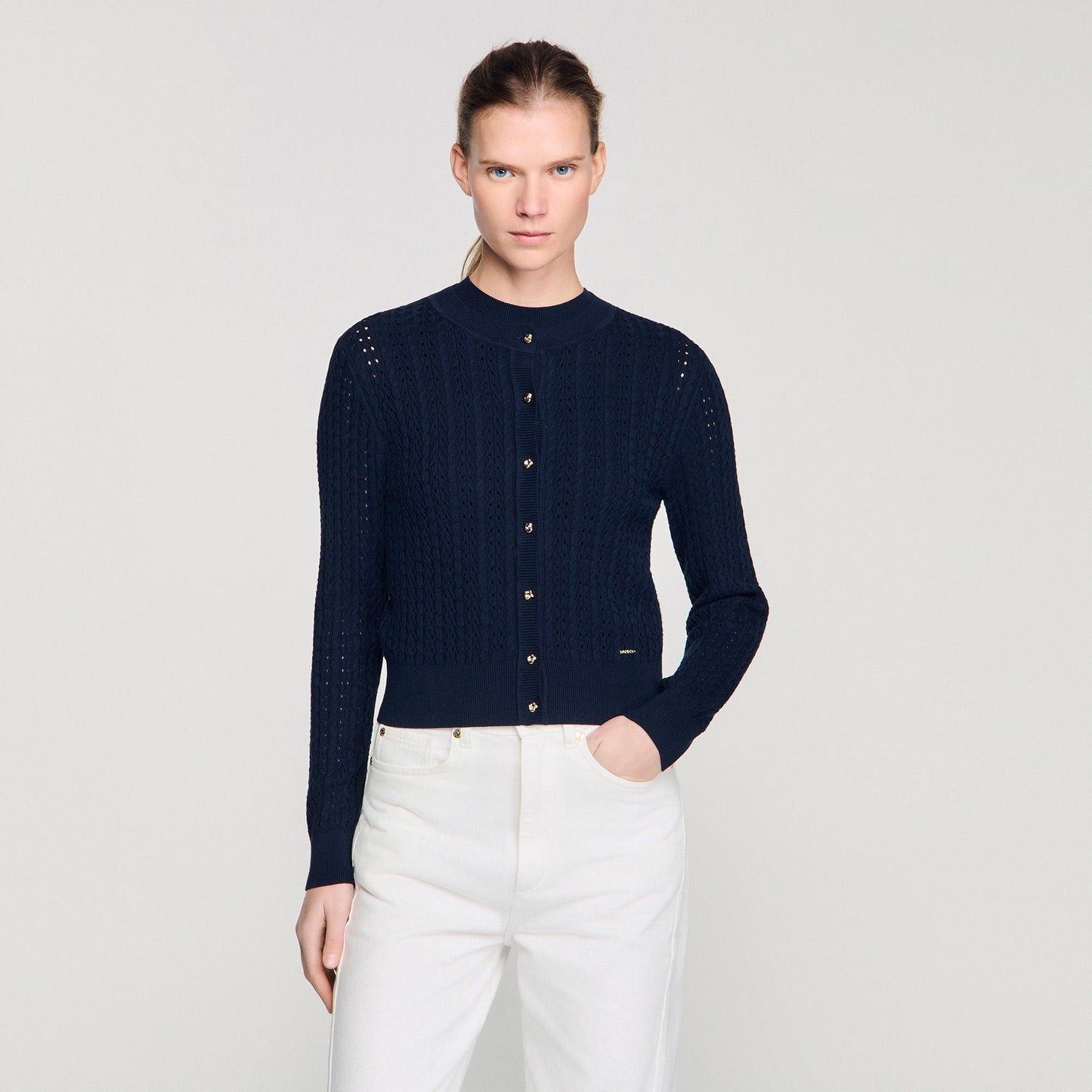 Flavio Cropped Textured Knit Cardigan Navy Blue