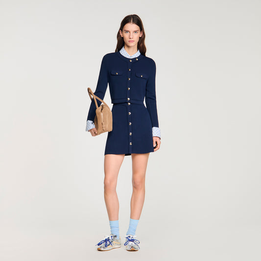 Claudie Cropped Rib Knit Cardigan Navy Blue