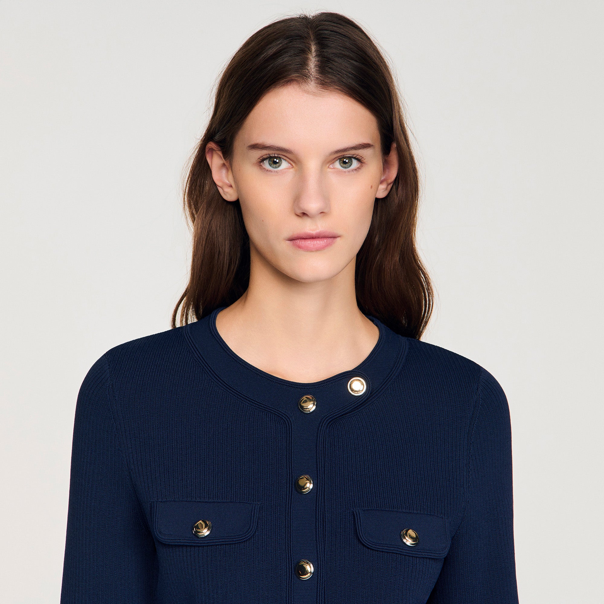 Claudie Cropped Rib Knit Cardigan Navy Blue