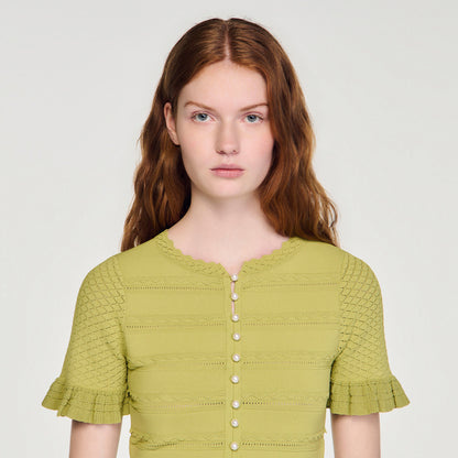Elena Cropped Ruffled-Sleeve Cardigan Green