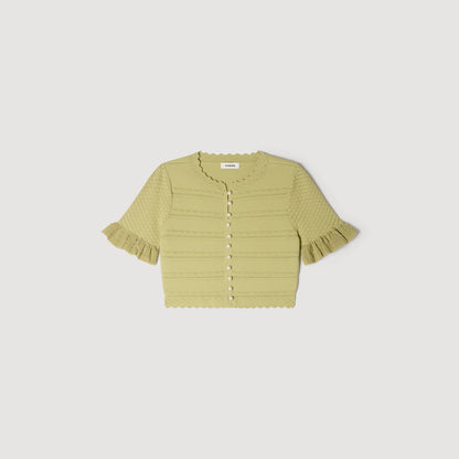 Elena Cropped Ruffled-Sleeve Cardigan Green