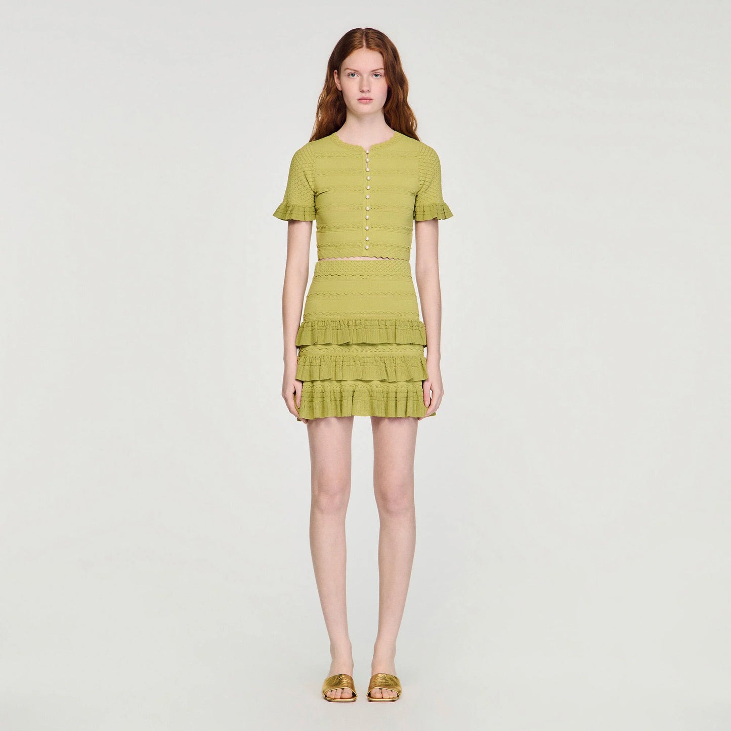 Elena Cropped Ruffled-Sleeve Cardigan Green