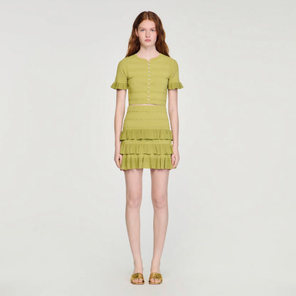 Elena Cropped Ruffled-Sleeve Cardigan Green