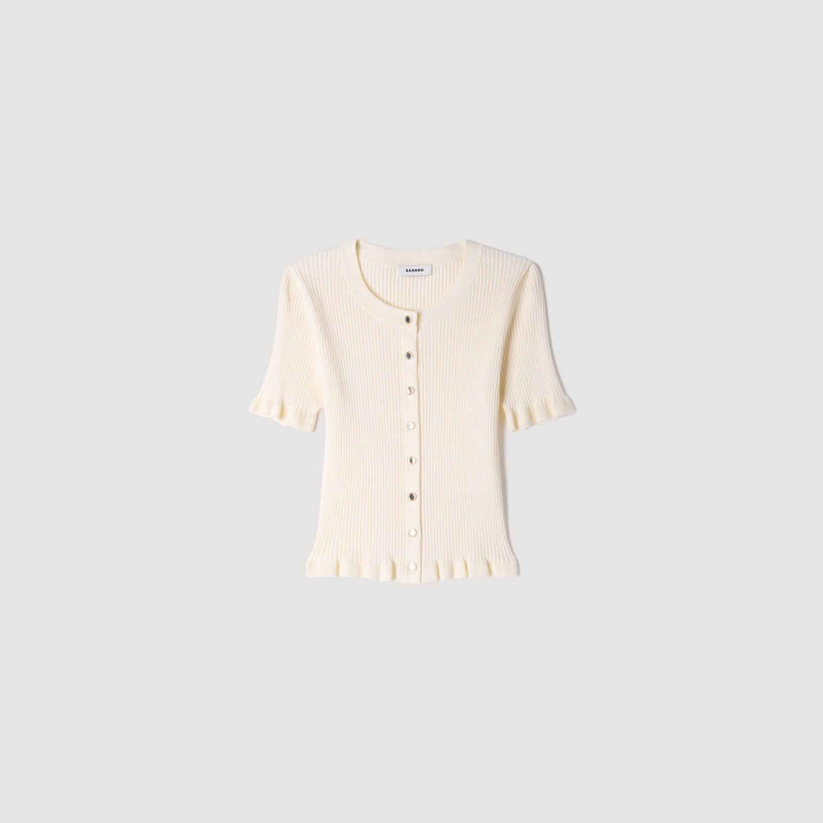 Area Ruffled Rib Knit Cardigan Ecru