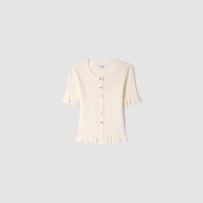 Area Ruffled Rib Knit Cardigan Ecru