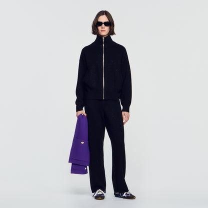 Lunaire Standing Collar Strass Cardigan Black