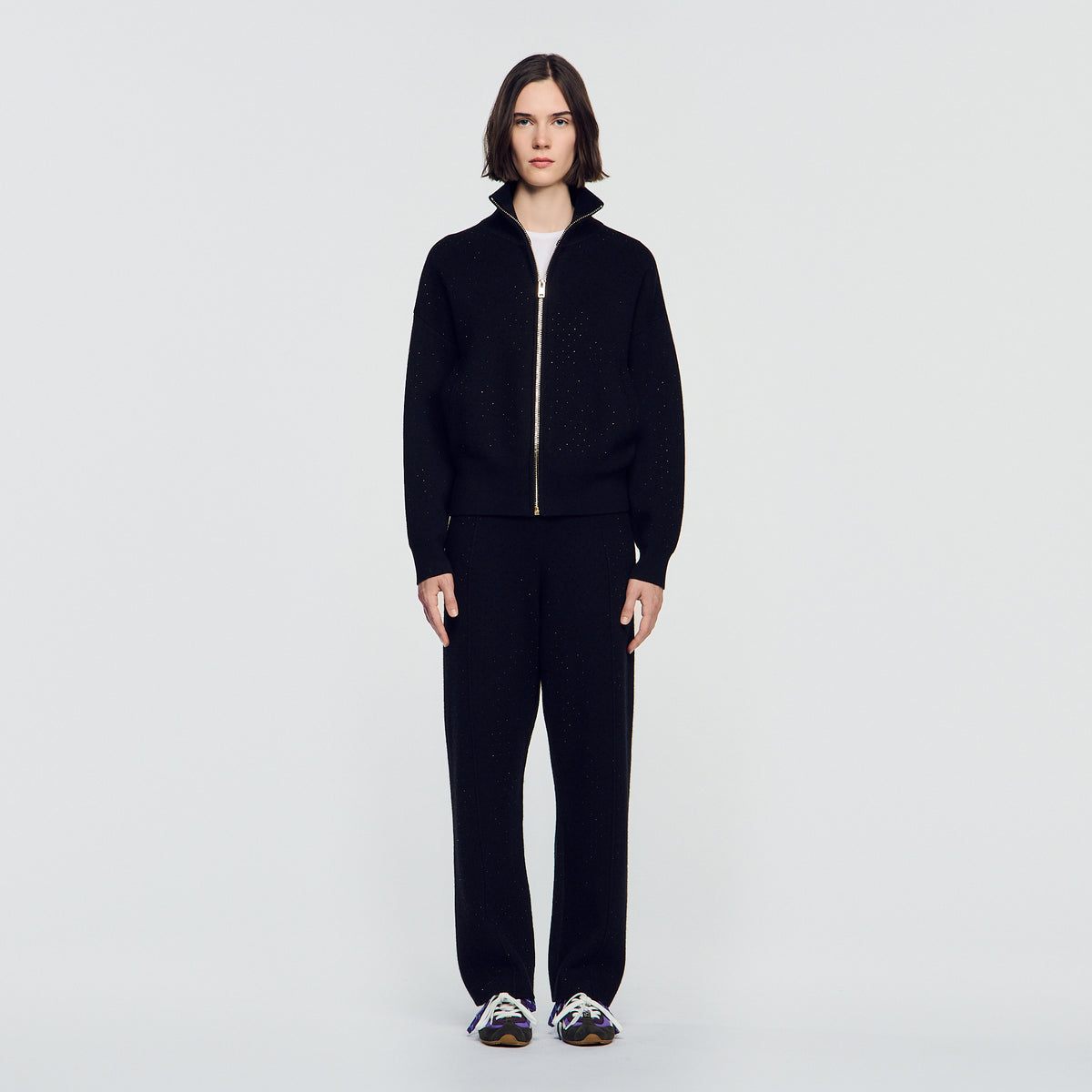 Lunaire Standing Collar Strass Cardigan Black