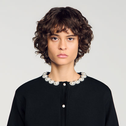 Aubrey Cardigan with pearl flower collar Black