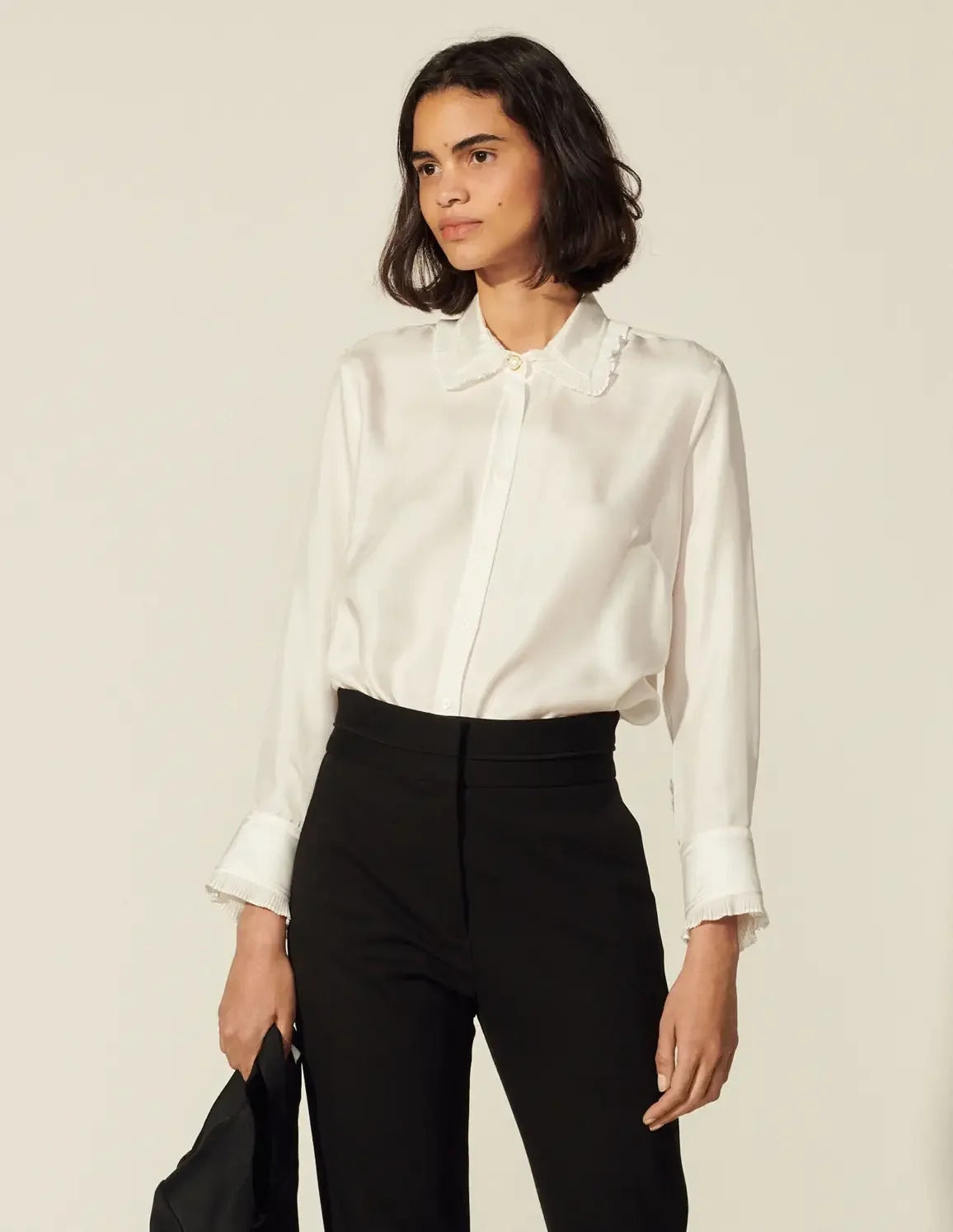 Silk Shirt With Pleated Trim Ecru