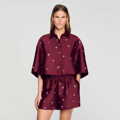 Onyx Rhinestone Wide-Leg Shorts Bordeaux